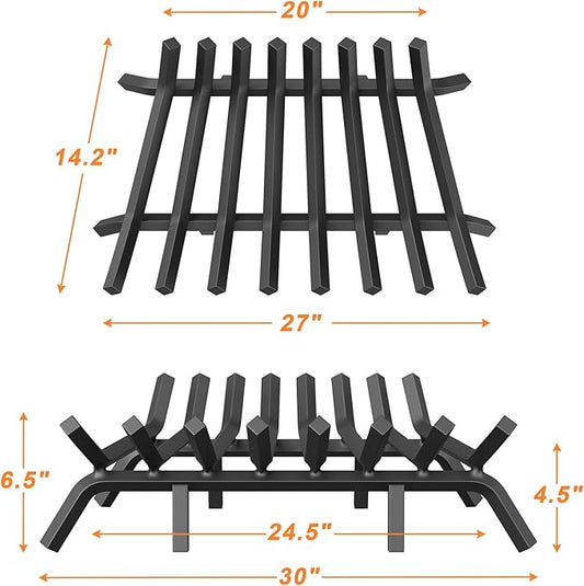 Fireplace Grate 30 Inch with 8 Support Legs, Solid Steel Heavy Duty Fireplace Log Holder with Fire Log Tongs & Fire Poker, Fireplace Log Grate for Indoor Fireplace and Outdoor In-ground Firepit