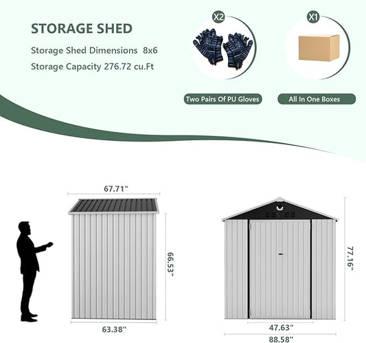 Metal Storage Shed,Outdoor Storage Building 8x6,Large Backyard Shed with Lockable Door,Waterproof Outside Storage Shed,White