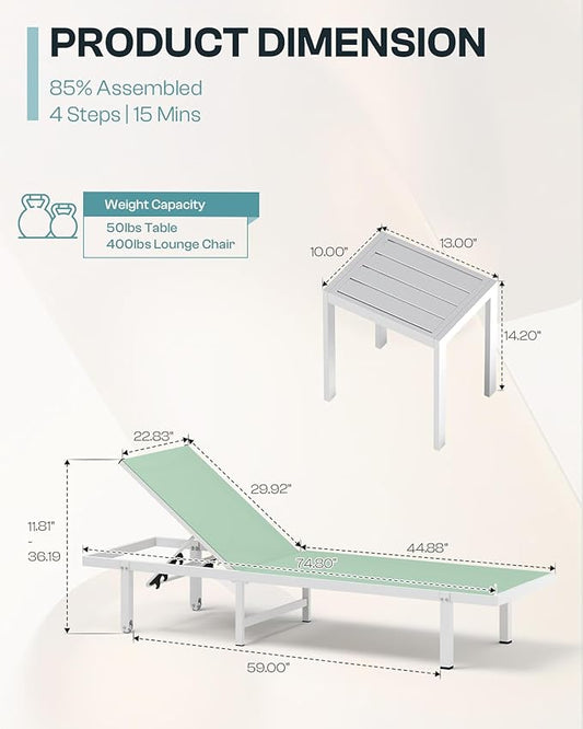 Pool Lounge Chairs Set of 2,Outdoor Lounge Chairs with Wheels and 5-Position Recliner -Easy to Move- Aluminum Patio Lounge Chair for Poolside, Deck (LightGreen)