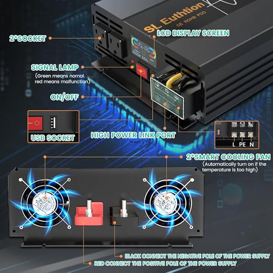 3000W/6000W(Peak) Pure Sine Wave Car Power Inverter 12V DC to 120V AC 60HZ with LCD Display, USB Port, Wireless Remote Control(10M) for Car Home Laptop Truck