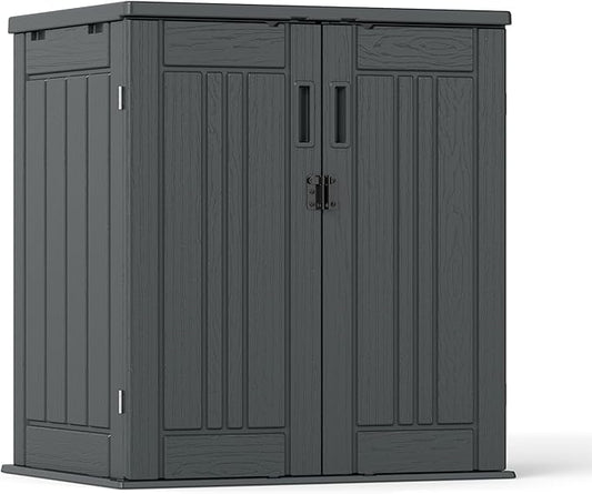 Outdoor Storage Cabinet with 2 Shelves, Waterproof Resin Horizontal Tool Shed, Lockable 15 cuft. Storage Shed for Patio, Garden, Yard, Grey
