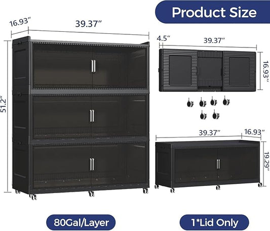 960QT Extra Large Storage Bins with Lid and Wheels, 240Gal Stackable Closet Organizers and Storage Cabinet, Collapsible Storage Box Drawer with Doors for Home Kitchen Office Dorm, 3Pack Black