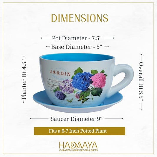 7.5” Round Ceramic Teacup Shape Planter Pot with Saucer for Succulents Orchid Herbs Cactus Indoor Houseplants Flowers for Home Garden and Event Decor – Yellow Butterfly Garden