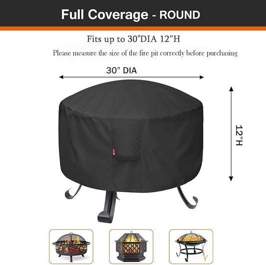 SheeChung Round Gas Fire Pit Cover-Fits 27”-30“ Solo Stove Yukon,Waterproof 600D Heavy Duty Outdoor Fire Bowl Cover,Weather Resistant Smokeless Fire Pit Cover for Backyard Porch Deck Camping-30"Dx12"H