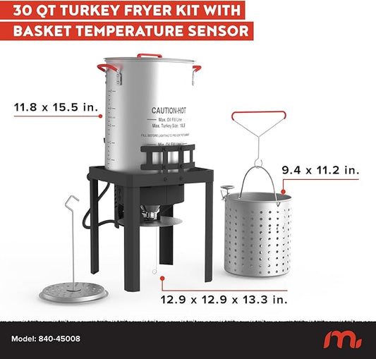 Megamaster Turkey Fryer Kit, Aluminum 30QT Seafood Boil Pot with Basket and 54000 BTUs Propane Burner, Turkey Deep Fryer with Regulator and 12" Thermometer for Outdoor Cooking - 840-45008
