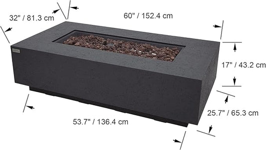 AMS Creations | Madison 60" Bundle Rectangular Propane Gas Outdoor Fire Pit Table | Dark Gray Concrete GFRC | Limestone Texture or Surface | Electronic Ignition | Outside Backyard Fireplace