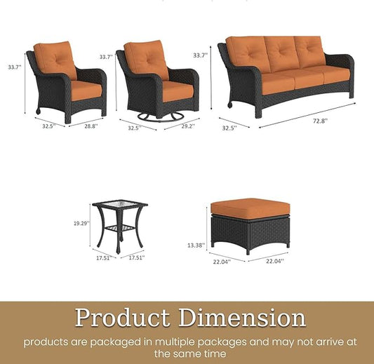 9 Piece Patio Furniture Set, All-Weather Wicker Outdoor Conversation Set with Swivel Rocking Chair and 6 Inch Thick Cushions