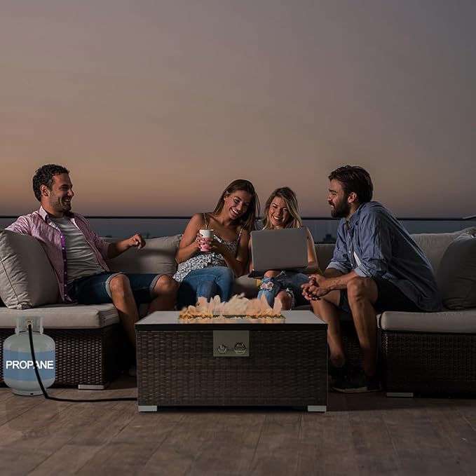 32'' Fire Pit Table with Natural Gas Conversion Kit, Marble Textured Ceramic Tabletop, 50,000 BTU Fire Table with Brown Wicker, Rectangle, Tank Required to Be Kept Outside.