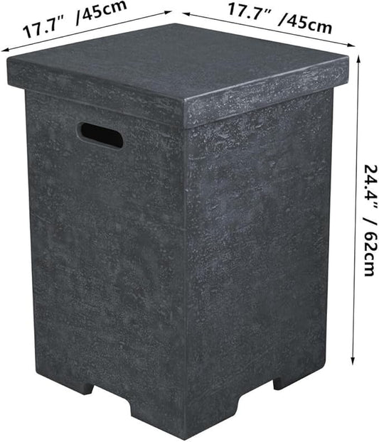 AMS Fireplace | Elementi Tall Dark Grey Square Travertine Propane Tank Cover | Concrete GFRC Base | Dimensions: 17.7 x 17.7 x 24.4 inches | Complement Hampton, and Others Fire Pit Tables Perfectly