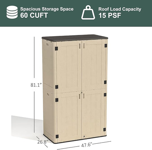 Vertical Outdoor Storage Shed, 60 Cu.Ft Resin Storage Cabinet Waterproof with Lockable Floor, All-Weather Tall Backyard Shed for Patio Furniture, Garage, Garden, Porch (Khaki)