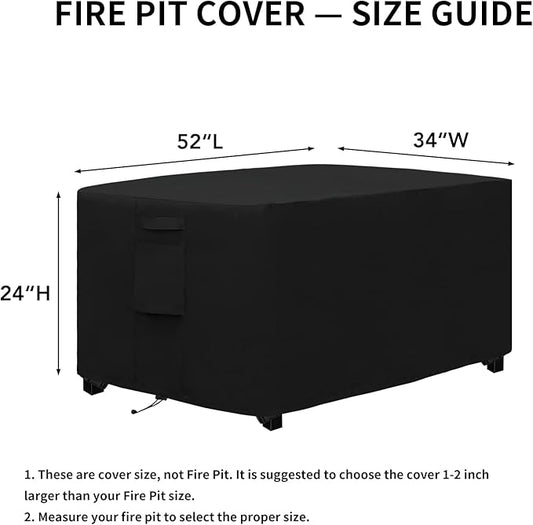 Easy-Going Outdoor Fire Pit Cover Rectangle 52" Lx34 Wx24 H, Durable Outdoor Gas Firepit Cover, Waterproof and Weatherproof Cover for Fire Pit, Black