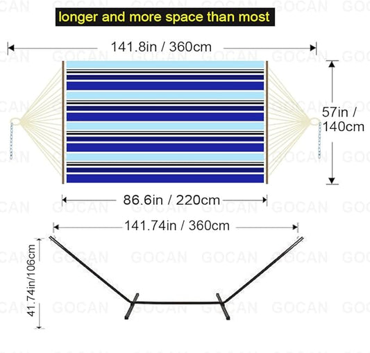 GOCAN Quilted Fabric Double Hammock Won't flip with Stand and Spreader Bars,Safer and Sturdier,Quality Hammocks for Outdoor Indoor Patio Yard Two Sided Dual use red/Blue