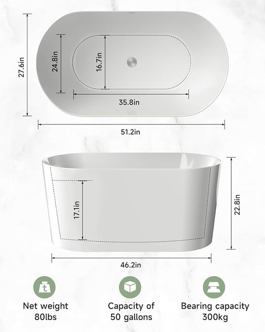 51" Acrylic Freestanding Bathtub, Oval White Freestanding Bathtub with Chrome Overflow and Pop-Up Drain CUPC Certificate