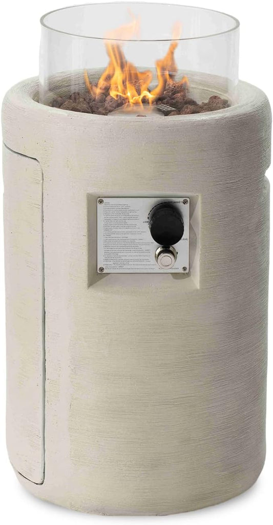 SUNBURY Outdoor Propane Fire Pit, Stone Like Fire Pit Table with Glass Wind Guard, Waterproof Cover, 40000BTUS Small Column Firepit Garden Lighting (Creamy White)
