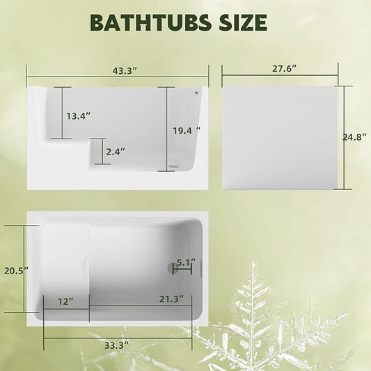 43-Inch Acrylic Freestanding Tub, Rectangular Spacious Soaking Tub, Gloss White Finish, Chrome Overflow & Pop-Up Drain