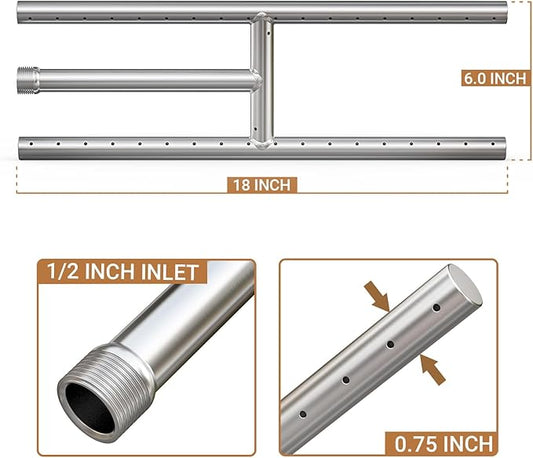 Onlyfire Stainless Steel Fireplace H-Burner for Natural Gas & Propane Fire Pit and Fireplace, 18 x 6 Inch Rectangular DIY Firepit H Burner for Indoor and Outdoor, BTU Max 90,000