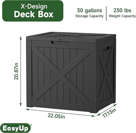 EasyUp 32 Gallon Outdoor Storage Box, Resin Waterproof UV-Resistant Deck Box, Reinforced Stability for Patio, Garden, and Poolside, X-Design Black