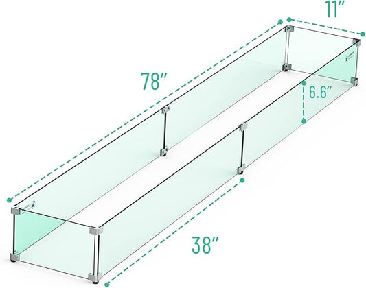 Skyflame Fire Pit Tempered Glass Wind Guard for Outdoor Linear Fire Pits, Thick/Clear Steady Feet Tree Gas Pit Guard / 78" x 11" Glass Shields for Propane, Outside Patio