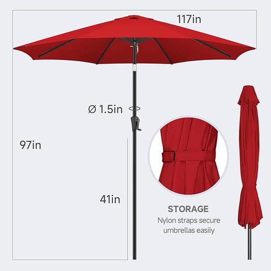 FLAME&SHADE 10 ft Outdoor Market Patio Table Umbrella with Fiberglass Rib Tips and Tilt, Red
