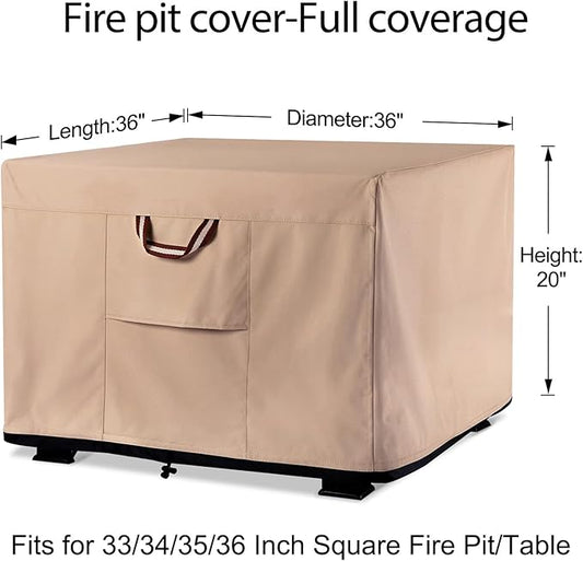 QH.HOME Fire Pit Cover Square-33-36 Inch Heavy Duty 900D Strong Tear-Resistant and UV Resistant and Waterproof and Fading Resistant Material Polyester Firepit Covers for Outdoor Fire Table-Wheat
