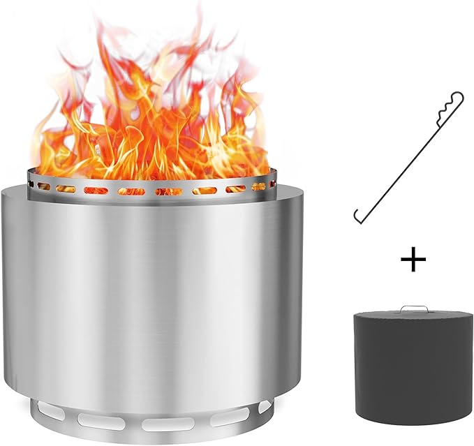 Kurapika 19-Inch Smokeless Fire Pit for Outside, Portable Outdoor Smokeless Stove - Wood Burning Stainless Steel Fireplace with Ash Poker & Carry Bag, Low Smoke Firepit for 4-6 People - Silver