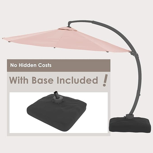 ENSTVER 11FT Cantilever Patio Umbrella With Base Included, Round Large Aluminum Outdoor Cantilever, Heavy Duty Offset Umbrella with 360°Rotation for Pool, Deck, Backyard, Garden(Pink)