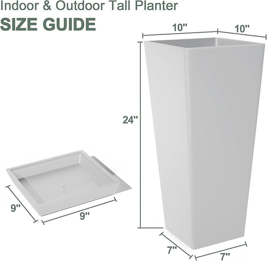 Set of 2 Tall Planters for Outdoor Plants with Drainage Tray, 24" Large Flower Pots for Front Porch Decor, Patio, Garden (White 24")