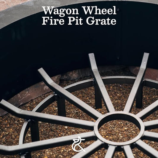 Ash & Ember 28" Wagon Wheel Fire Grate, High-Efficiency Smoke-Free Fireplace Log Grate, Decorative Wood Burning Lifted Grate Pit, Sandblasted Steel with Light Oil Coating