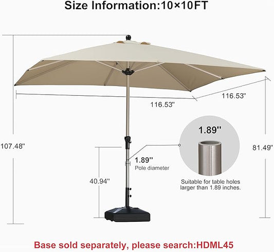 PURPLE LEAF 10' x 10' Square Patio Umbrella, Alumimum Outdoor Market Umbrella with 3 Year Fade Resistant, Pool Umbrella for Deck Garden, Patio, or Poolside, Lawn