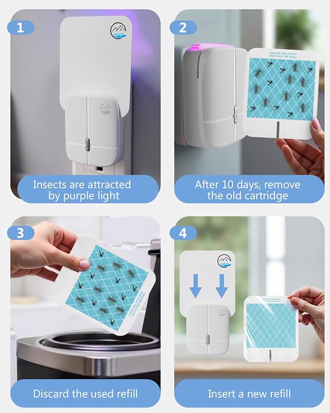 Flying Insect Trap, Plug-in Fruit Fly Trap, Indoor Gnat Traps, 400 Sqft Protection Area, Suitable for Gnat, Moth, and Mosquito, and Can Used in Every Corner of Home(1 Device +5 Glue Cards)