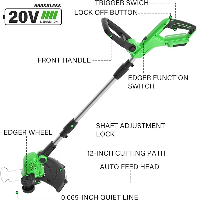SOYUS Weed Wacker Cordless, 20V 12 Inch Cordless String Trimmer Edger, Weed Wacker Battery Operated with 8 PCS Replacement Spool Trimmer Lines with 2x2.0Ah Battery and Charger