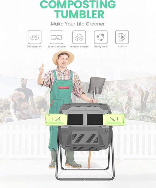Garden Compost Bin from BPA Free Material, Dual Rotating Outdoor Composting Tumblers (43 Gallon,Green)