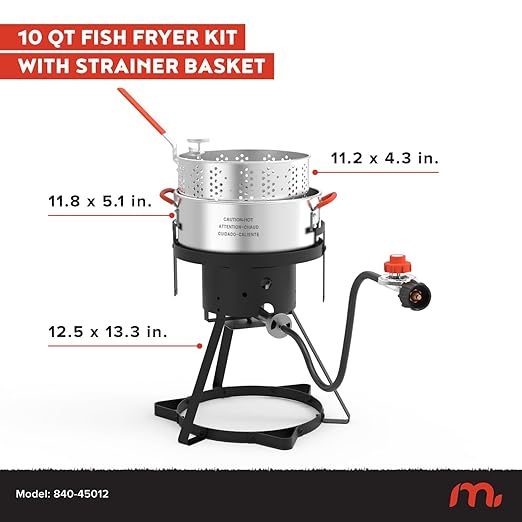 Megamaster 10.5QT Aluminum Fish Fryer Pot Kit, Outdoor 50,000 BTU Propane Deep Fryer with 5 PSI Regulator, 5" Thermometer, Ideal for Chicken Wings, Seafood, French Fries - 840-45012