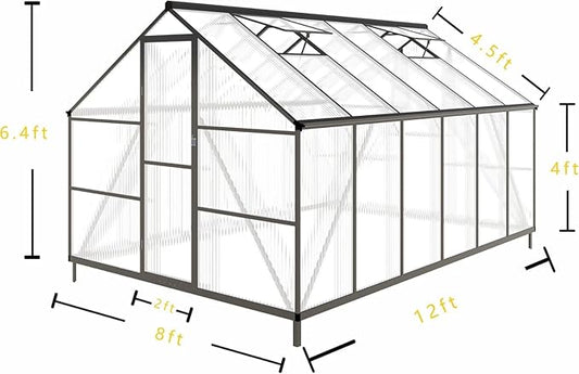 CQZY 8x12 FT Greenhouse for Outdoors, Polycarbonate Greenhouse with Quick Setup Structure and Roof Vent, Aluminum Large Walk-in Green House for Outside Garden Backyard, Dark Gray