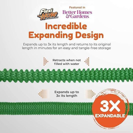 Flexi Hose with 8 Function Nozzle, 50FT - Lightweight Expandable Garden Hose, No-Kink Flexibility, 3/4 Inch Solid Brass Fittings and Double Latex Core - Green