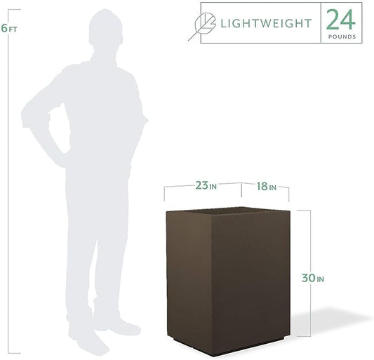 PolyStone Cozumel Tall Modern Outdoor/Indoor Column Planter, 23" L x 18" W x 30" H, Lightweight, Heavy Duty, Weather Resistant, Polymer Finish, Commercial Grade and Residentia (Chocolate Brown)