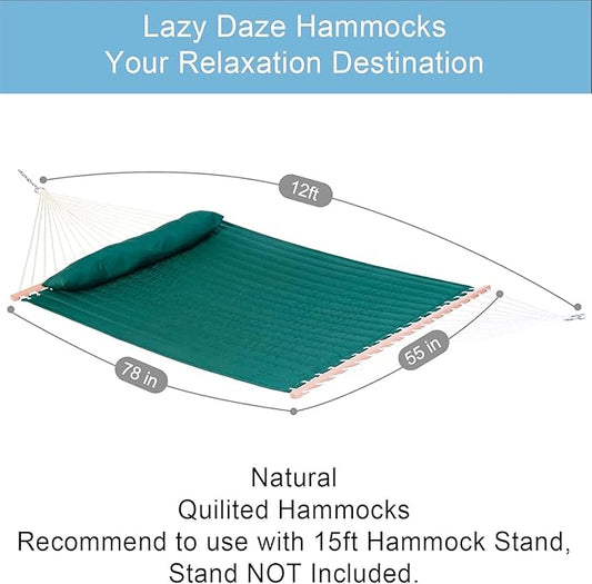 Lazy Daze Hammocks 12 FT Double Quilted Fabric Hammock with Spreader Bar and Detachable Pillow, 2 Person Hammock for Outdoor Patio Backyard Poolside, 450 LBS Weight Capacity, Dark Green