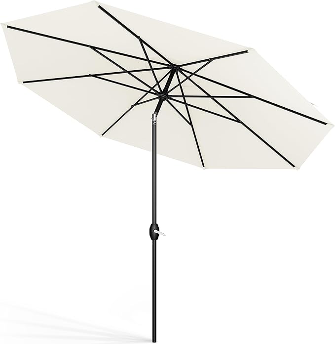 Midtown Umbrellas Sunbrella Umbrella 9 Feet Outdoor Umbrella With White Acrylic Fabric - Auto-Tilt Aluminum Frame Patio Umbrella For Backyard, Deck, Garden, Pool - Black Pole
