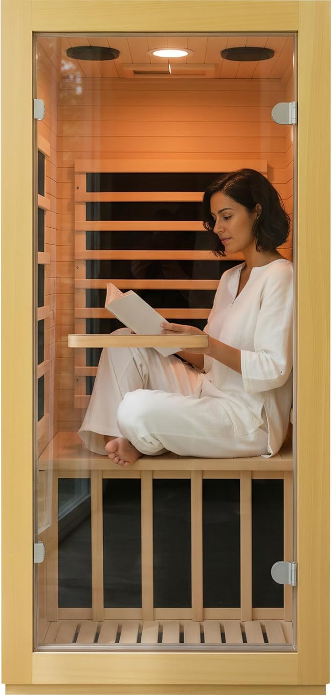 Infrared Sauna Room Indoor Saunas Home Obeche Wood 900W Low-EMF Dry Saunas Single Person Spa with 7 Color Light 32.3 * 28.3 * 61.4 inch