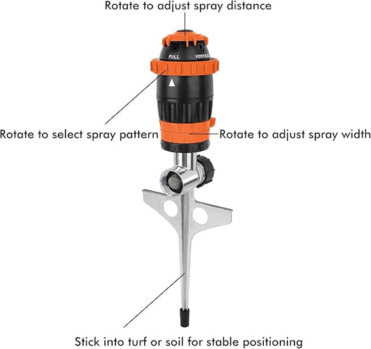 RESTMO Gear Drive Sprinkler with Metal Spike Base, 5-Pattern Heavy Duty Gardening Watering System, Multi-Adjustable Lawn Sprinkle for Garden Plant, Flower Bed and Large Yard Area Watering, Orange