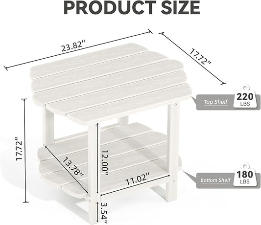 Small Outdoor Side Tables Modern 2-Tier Adirondack Table Rustic End Table HDPE Storage Shelf Industrial Corner Rectangle Coffee Table for Patio Garden Balcony Backyard Pool Farmhouse Home White