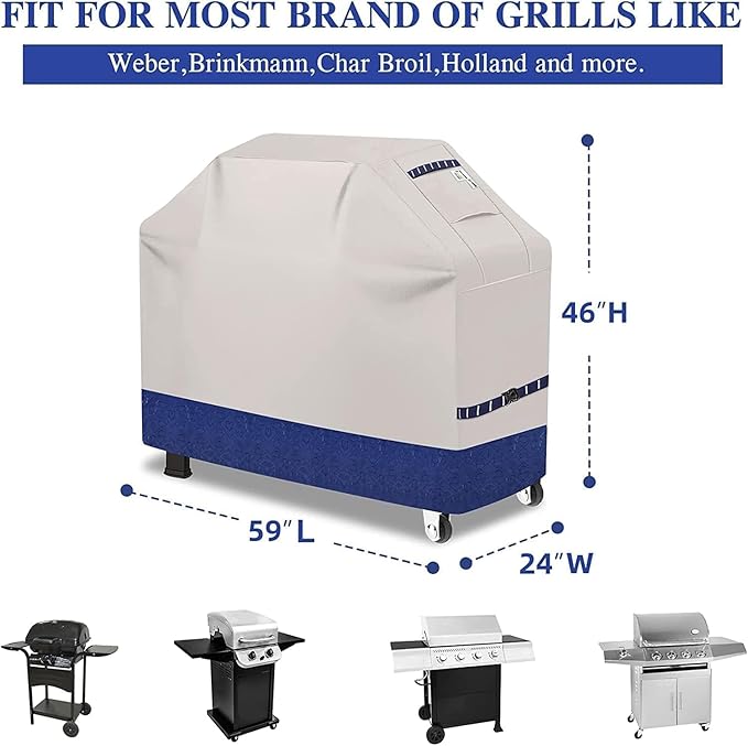 Kiafmol Grill Cover for Outdoor Grill 600D Heavy Duty 59Inch Waterproof,UV & Fade Resistant,BBQ Cover with Adjustable Straps,BBQ Grill Cover for Weber,Blackstone,Charbroil etc,Blue with Print