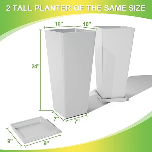 Set of 4 24" Tall Plastic Planters with Trays, Large Tapered Plant Pots for Indoor Outdoor Use, Modern Decorative Planters for Porch, Patio, Garden, and Backyard