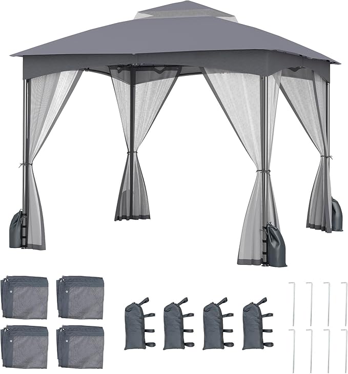 Tangkula 10x10 FT Outdoor Gazebo with Netting, Double Roof Patio Shelter with 4 Sandbags, Zippered Doors, Heavy-Duty Metal Frame, Metal Patio Gazebo for Yard Garden Lawn (Grey)