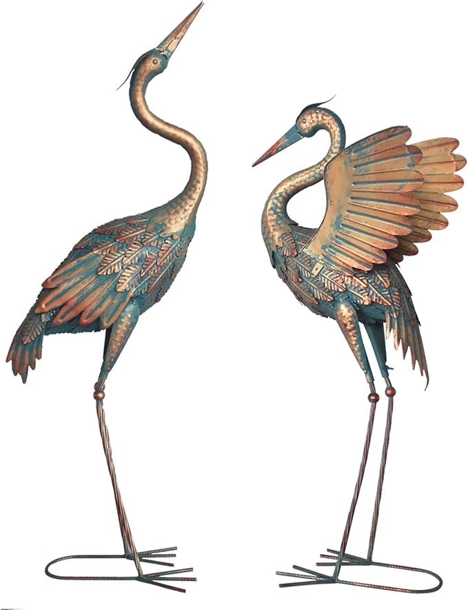 Oritty 33-37 Inch Metal Crane Garden Statue Décor, Bird Heron Garden Sculpture & Statues, Outdoor Decoration for Yard Pond Lawn Backyard Pool, Vintage Spread Wings Crane, Set of 2 Copper