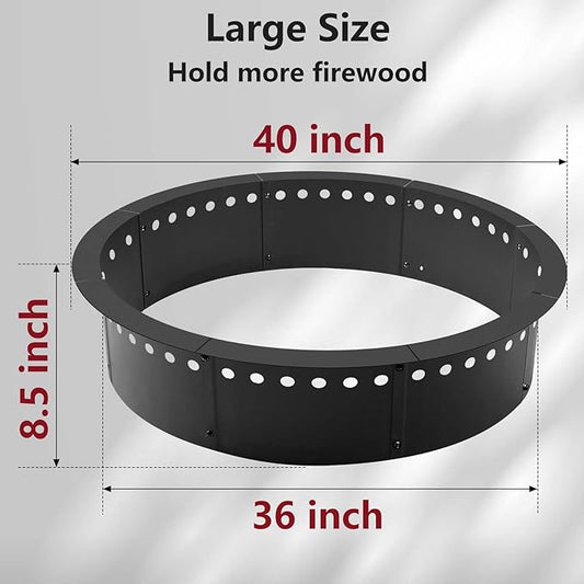 36 Inch Fire Pit Ring Smokeless, 40'' Outer Wood Burning Bonfire, Heavy Duty Solid Steel Round Fireplace, Rust-Proof, DIY Campfire Ring, Outdoor Above or In-Ground, for Patio, Camping, Yard