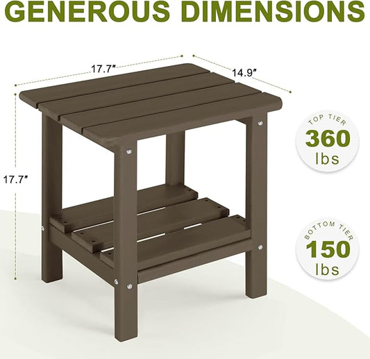 Set of 2 Adirondack Outdoor Side Table, 2-Tier Small Patio End Table, Weather Resistant HDPE Outdoor End Tables for Garden, Lawn, Pool, Beach, Porch, Deck, Backyard - Square, Dark Brown