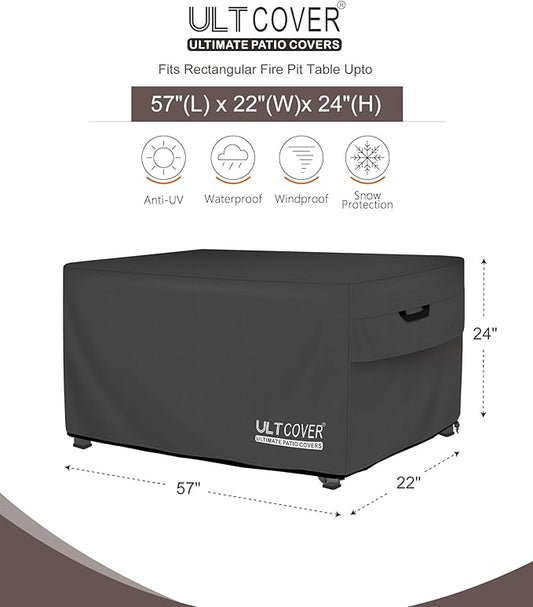 ULTCOVER Rectangular Gas Fire Pit Table Cover 57x22 inch Waterproof Heavy Duty Firepit Cover, Black