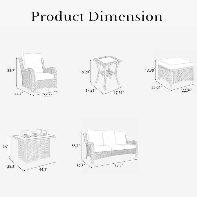 LayinSun 8 Pieces Outdoor Patio Furniture Set with Fire Pit Table, Rattan Wicker Sectional Swivel Rocker Chairs Sets with Ottomans, Swivel Glider Chair and Coffee Table
