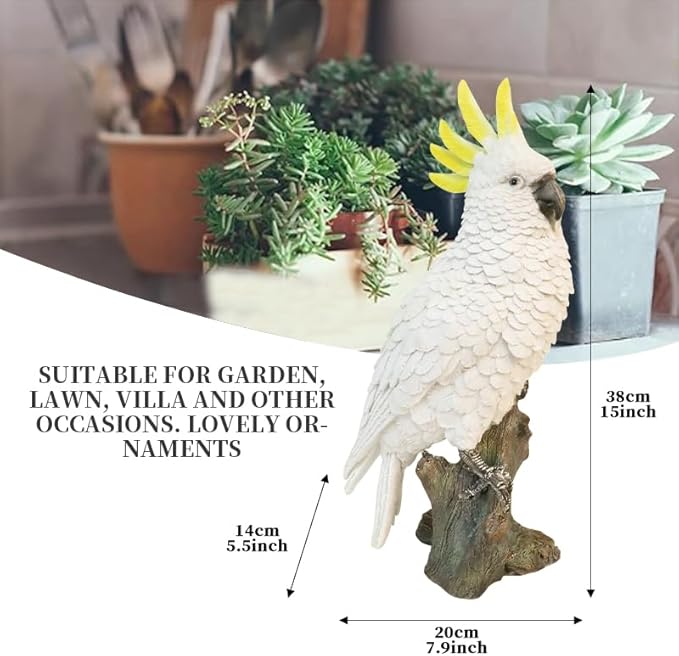 VV-Ladybug Decorative Parrot Garden Statue, Garden Decor Sculptures Statues Outdoor, Cockatoo Bird Tropical Indoor Desk Decor, Yellow White, 14.96 inches high